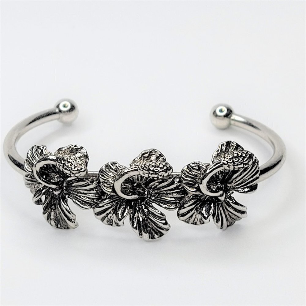 RHODIUM Cuff Bracelet Hibiscus Flowers Antique Rhodium Plating